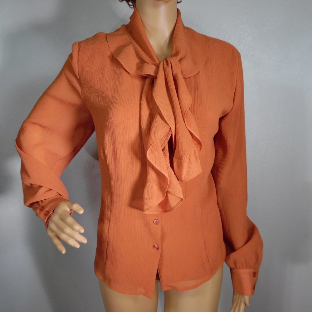 Oscar de la Renta Orange Ruffled Tie-Neck Button Down Blouse